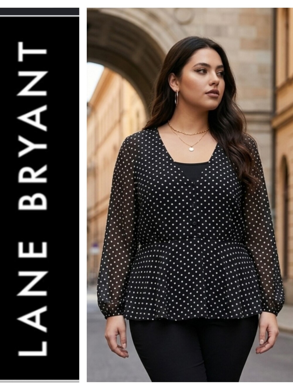 Lane Bryant Black & White Polka Dot Peplum Blouse